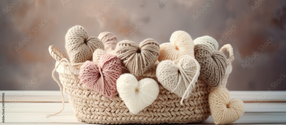 Warm inviting vibe Women s crochet Neutral yarn in jute basket Knitting hooks shaped like hearts