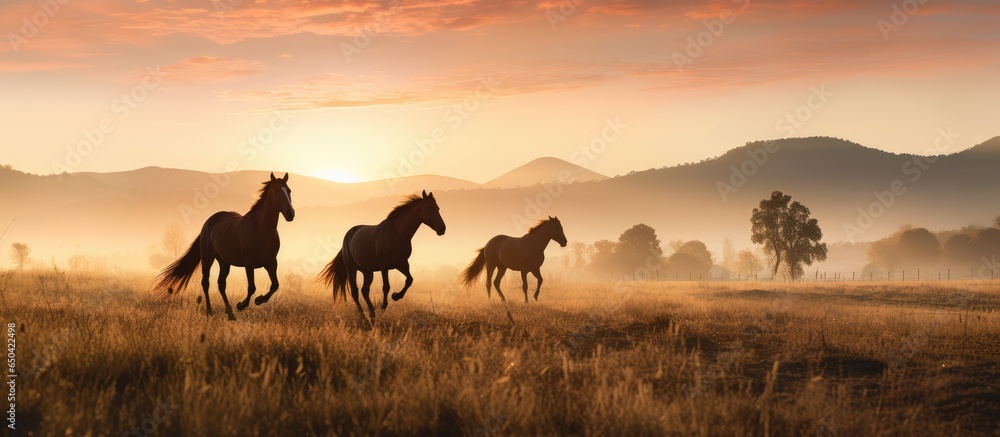 Sunrise stroll of thoroughbred equines in a field