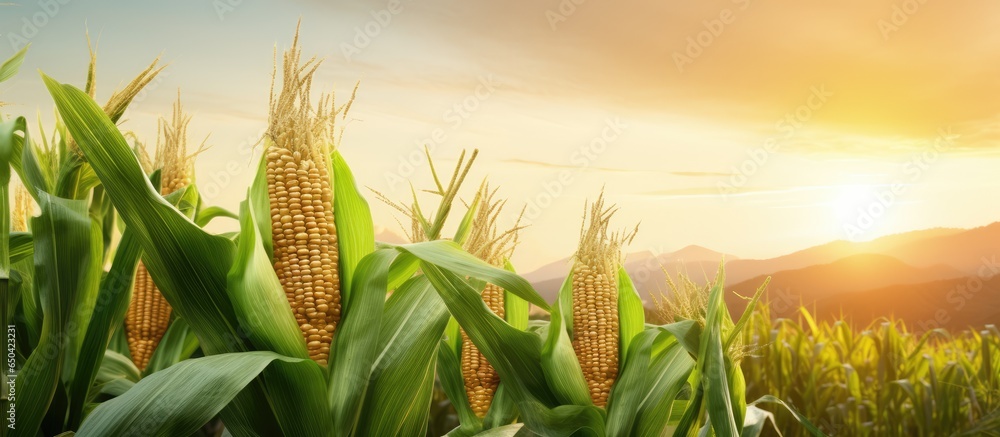 Sunrise illuminating corn cobs in field