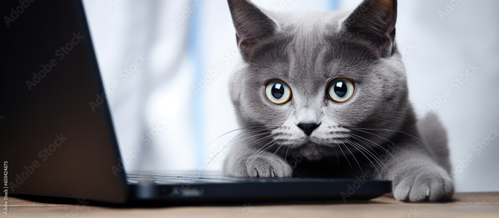 Adorable gray kitten with blue eyes resting on laptop in a home interior on a gray background