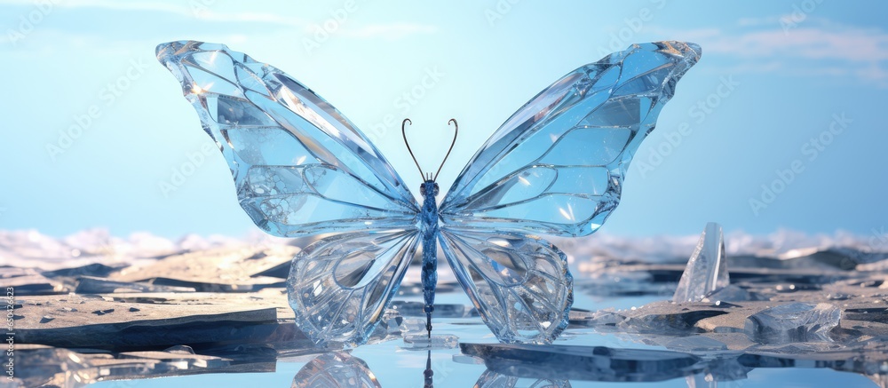 A butterfly with crystal wings rests on a light blue stone casting a shadow on nature its wings adorned with geometric angles