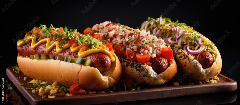 Plant based meatless meal consisting of vegan hot dogs sausages and toppings