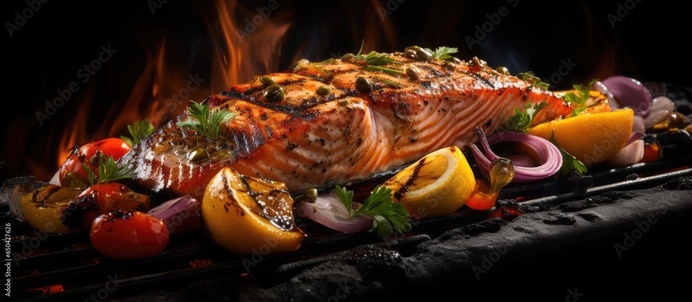 Grilled salmon with vegetable skewers on a flaming grill