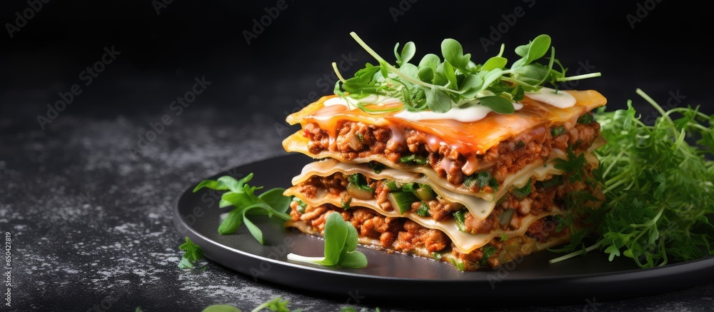 Top view of vegan lasagna on a white wooden surface