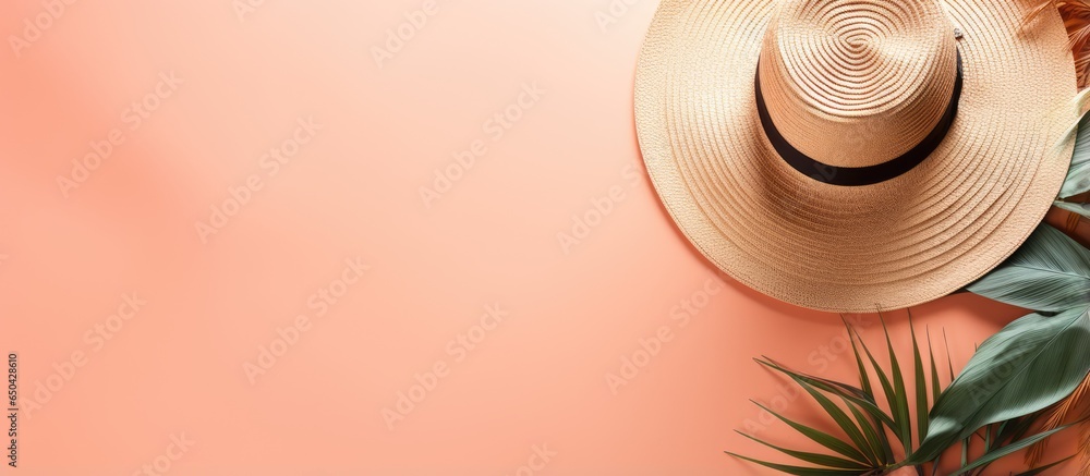 Summer themed flat lay with hat sunglasses sandy background palm leaf shadows and copy space Represents a hot beach day