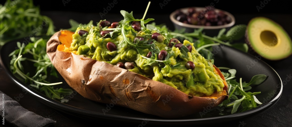 Baked sweet potato with arugula olives guacamole Vegan meal healthy raw food