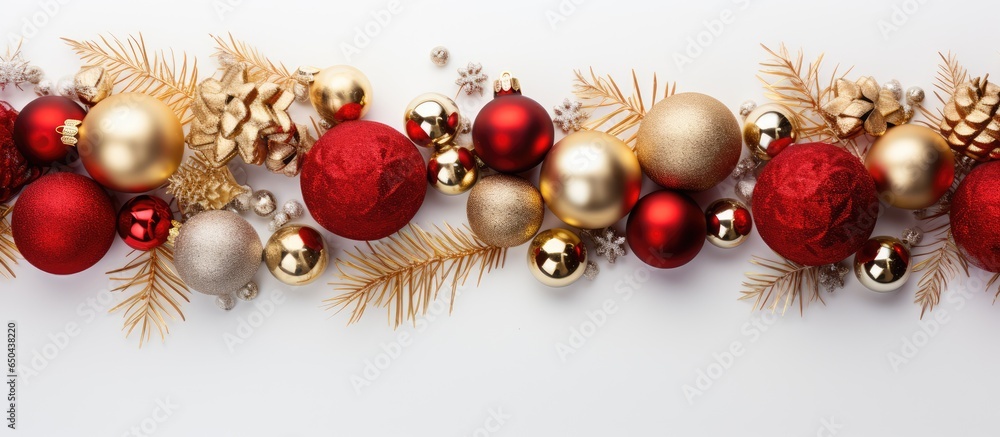 Christmas decorations on white background with spruce frame red and gold