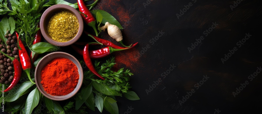 Spicy Thai curry with herb ingredients on a dark background