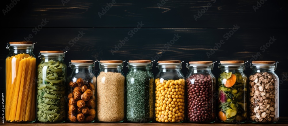 Glass jars in pantry for kitchen storage and organization of pasta grains and organic food Prepare nutritionally with glass containers for plastic free zero waste home cooking