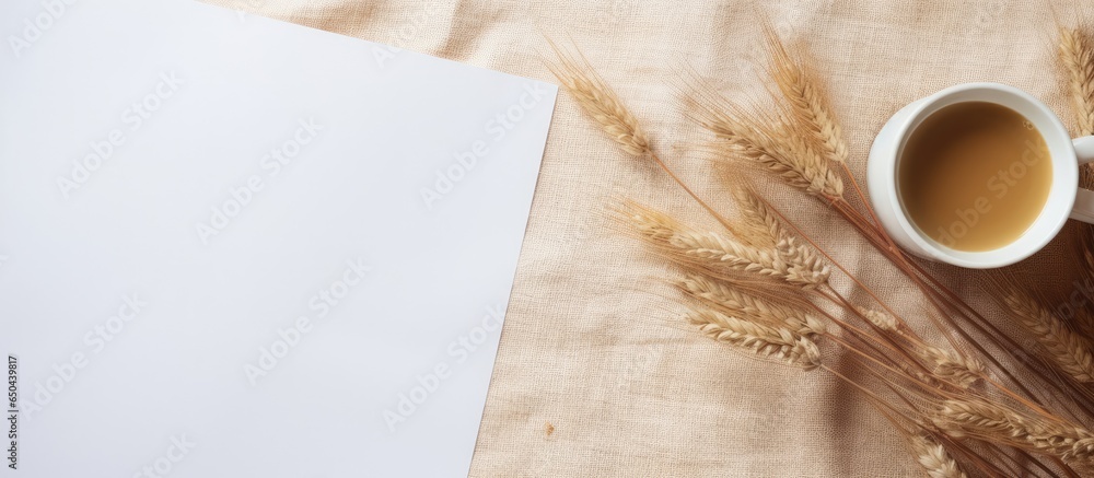 Empty copy space on wooden table with coffee cup pampas grass Wedding invitation card mockup