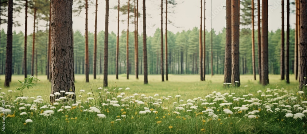 Minimalist lifestyle nature scenic landscape with conifer trees flowers and pale green wood