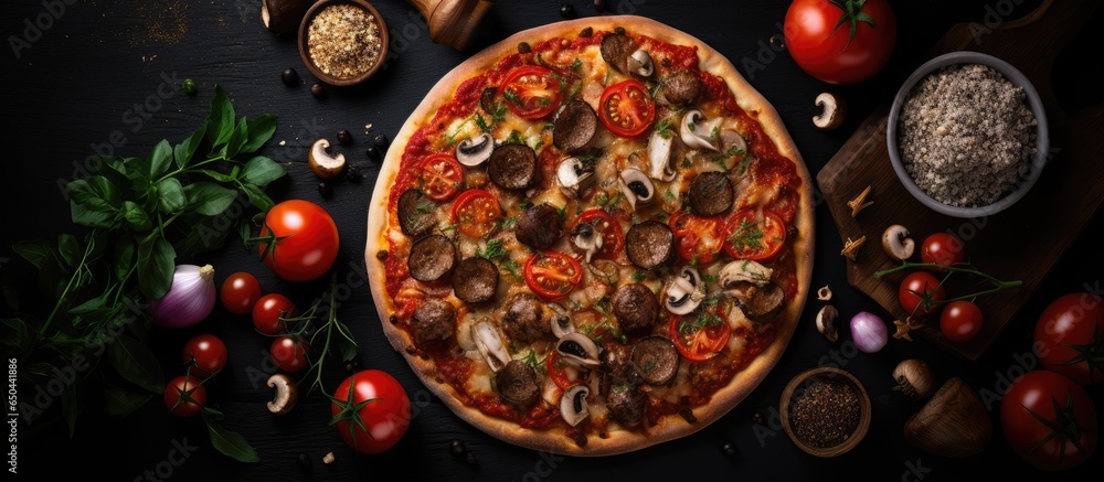 Vegetarian pizza with assorted toppings ready to eat on rustic outdoor table