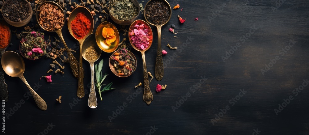 Various teas and antique spoons arranged on a dark surface