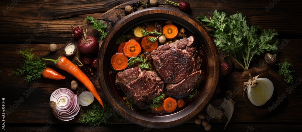 Slow cooked beef broth with charred vegetables served in a pot on a wooden table top view close up