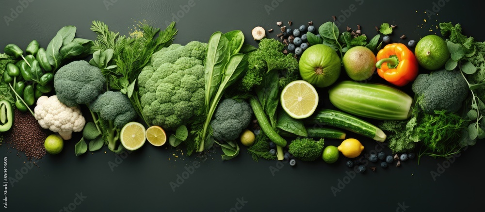 Flatlay of various green vegetables organic and fresh