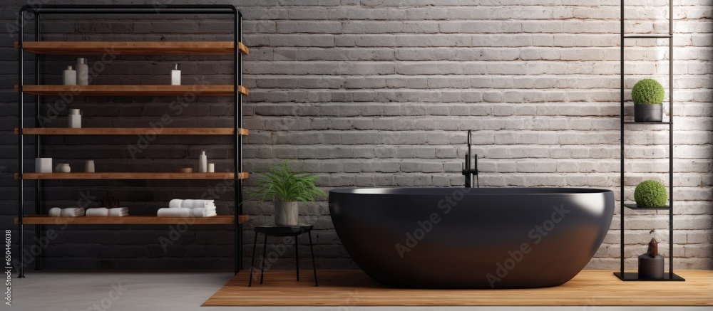 Sleek bathroom with brick walls tiled floor black bathtub and round mirror above and wooden shelves for towels to the left