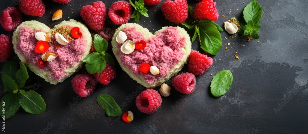 Valentine s Day dessert healthy vegan heart shaped cakes with raspberries mint rose flowers and cashew nuts seen from above