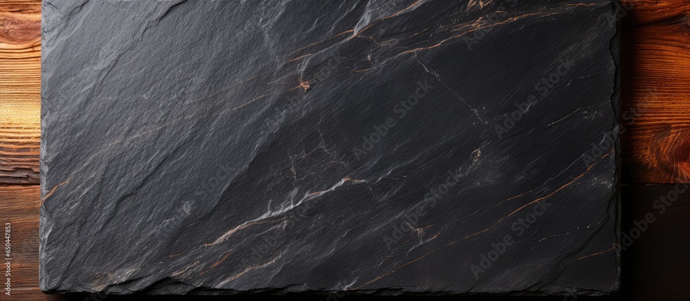 Top view of a dark stone texture with a black slate board for menu or recipe