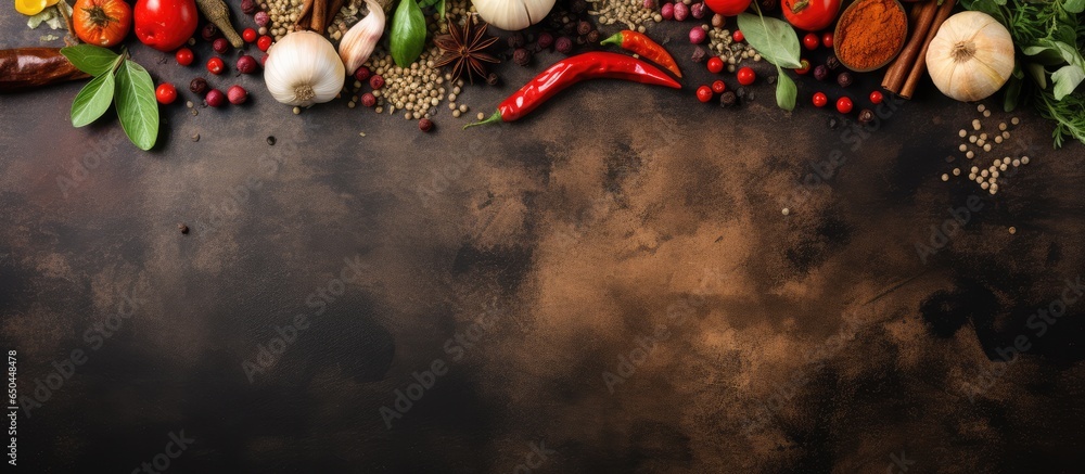 Top down view of a culinary table with herbs and veggies offering room for your text