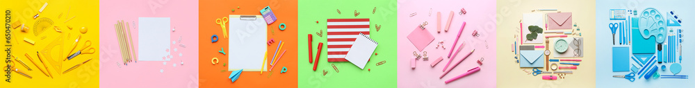 Set of different school supplies on color background, top view