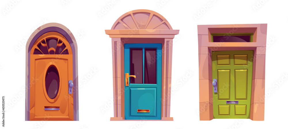 Set of front doors isolated on white background. Vector cartoon illustration of brown, green, blue wooden doors with doorknobs, decorative glass windows, mail slots, retro building design elements