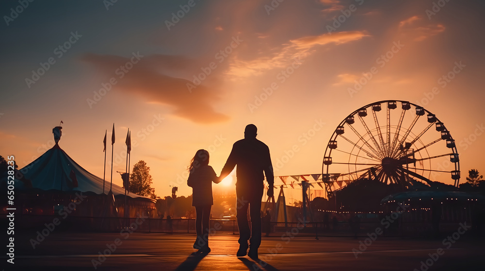 Back view of parent and children going to the amusement park, silhouette of father and his children playing in amusement park at sunset