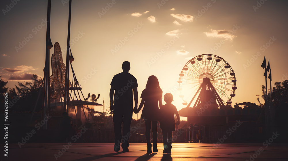 Back view of parent and children going to the amusement park, silhouette of father and his children playing in amusement park at sunset