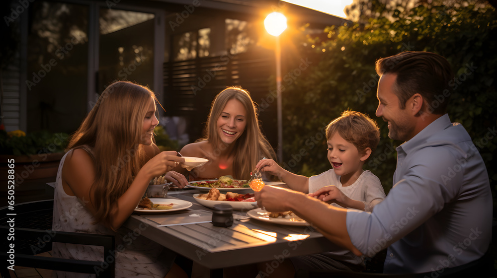 Portrait of a smiling family dining in the backyard of a house, happy young family eating lunch in garden