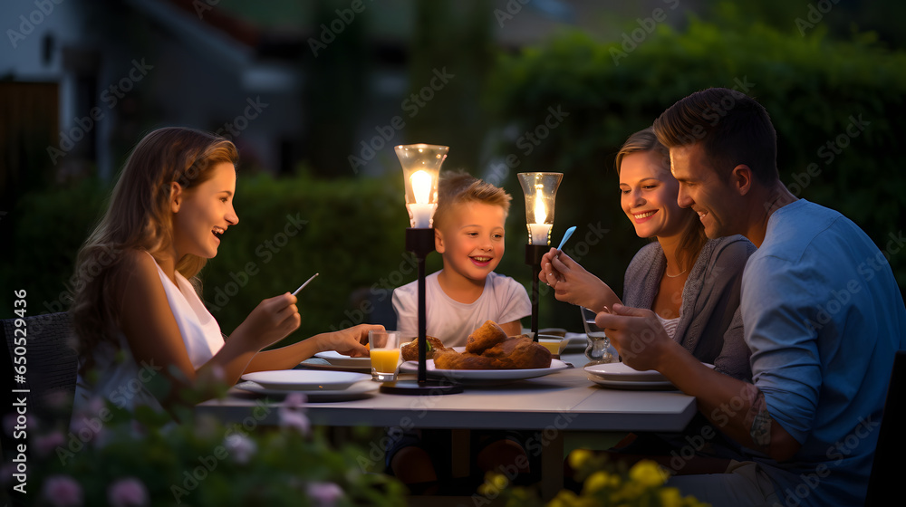 Portrait of a smiling family dining in the backyard of a house, happy young family eating lunch in garden