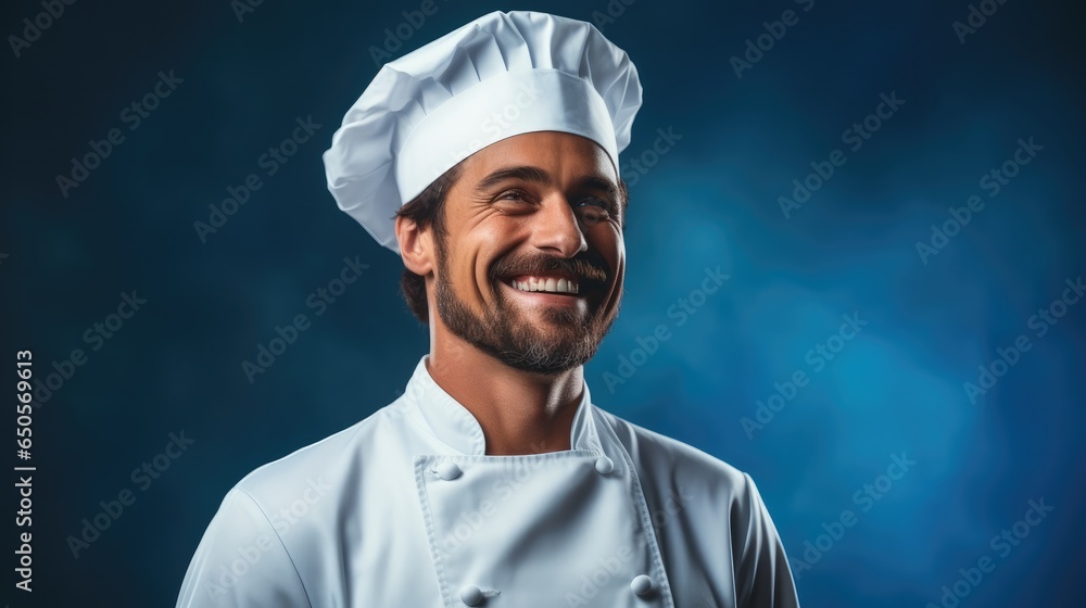 Male chef is smiling looking at side on blue background.