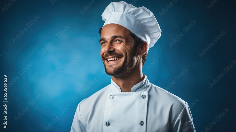 Male chef is smiling looking at side on blue background.