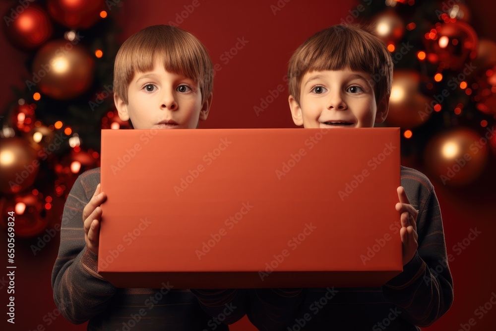 A pair of boys hands held a giant box with a Christmas atmosphere on a red background.