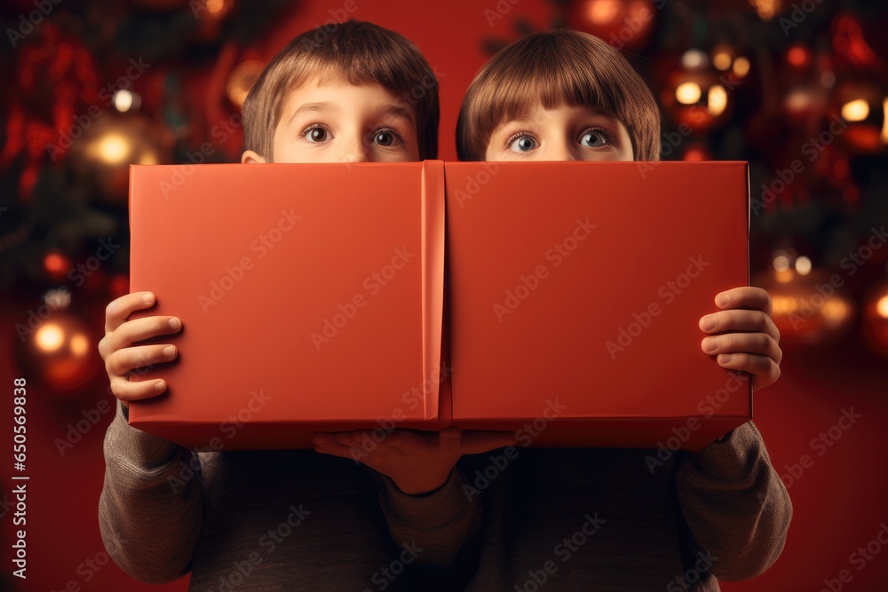 A pair of boys hands held a giant box with a Christmas atmosphere on a red background.