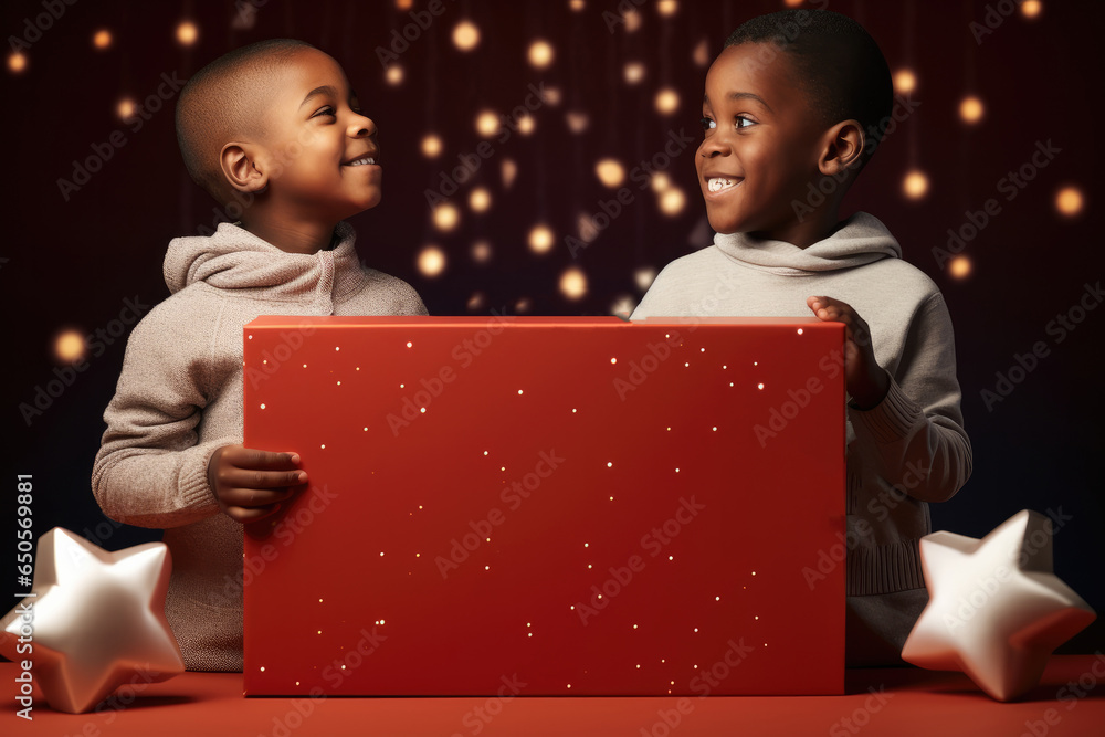 A pair of boys hands held a giant box with a Christmas atmosphere on a red background.