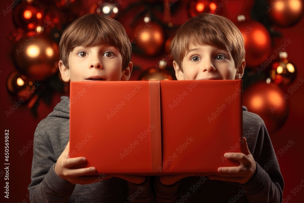 A pair of boys hands held a giant box with a Christmas atmosphere on a red background.