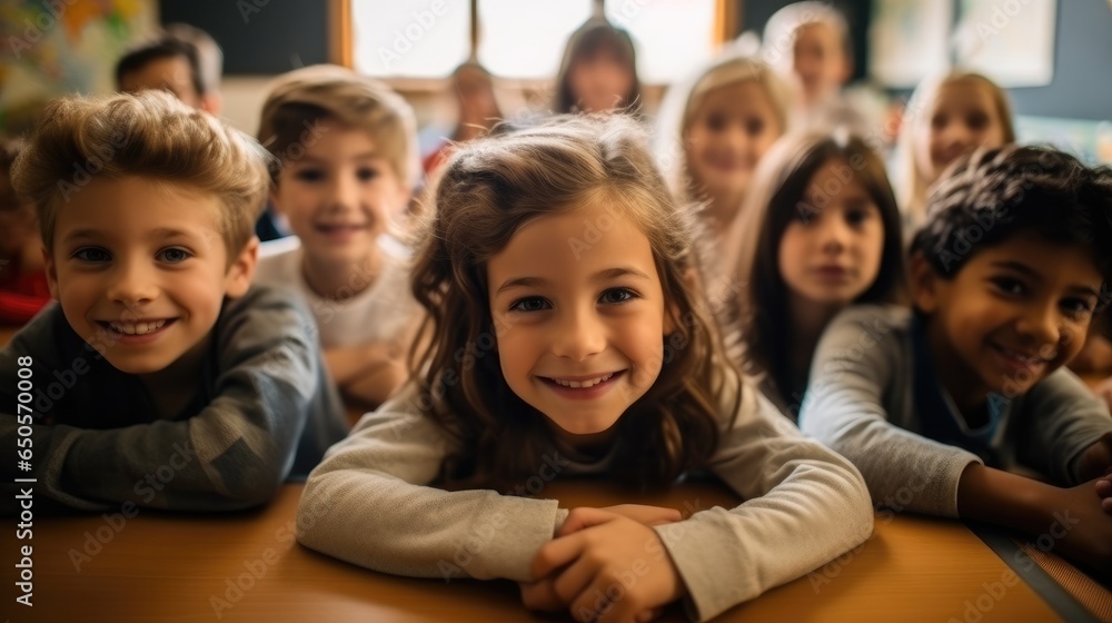 Young cute kids smiling, Group of children primary elementary school studying in the classroom.