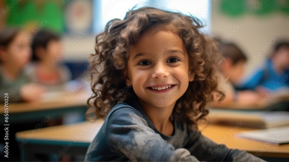 Young cute kids smiling, Group of children primary elementary school studying in the classroom.