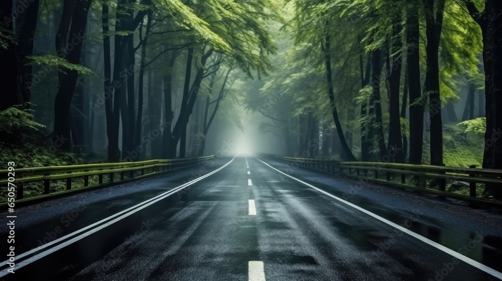 Road in forest on rainy day.