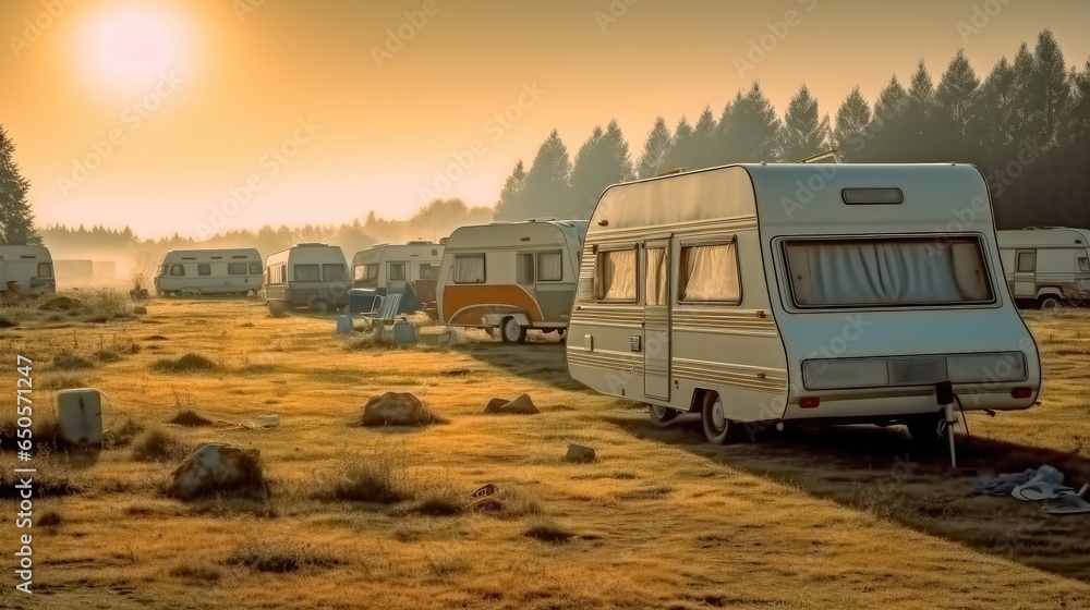 Campers parked in campsite at nature, Camping in the nature, Family travel concept.