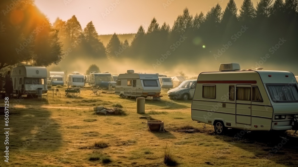 Campers parked in campsite at nature, Camping in the nature, Family travel concept.