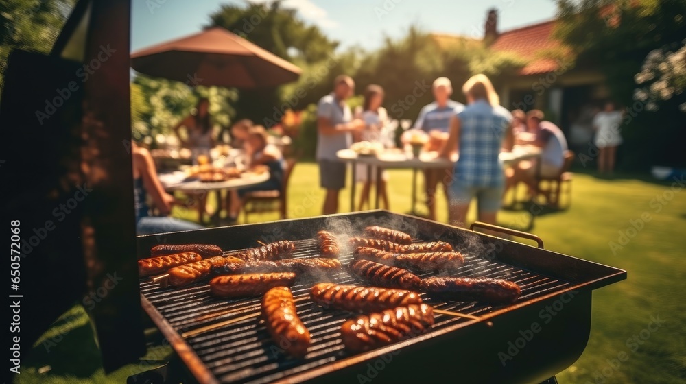 Group of friends having a picnic barbeque grill in the garden.