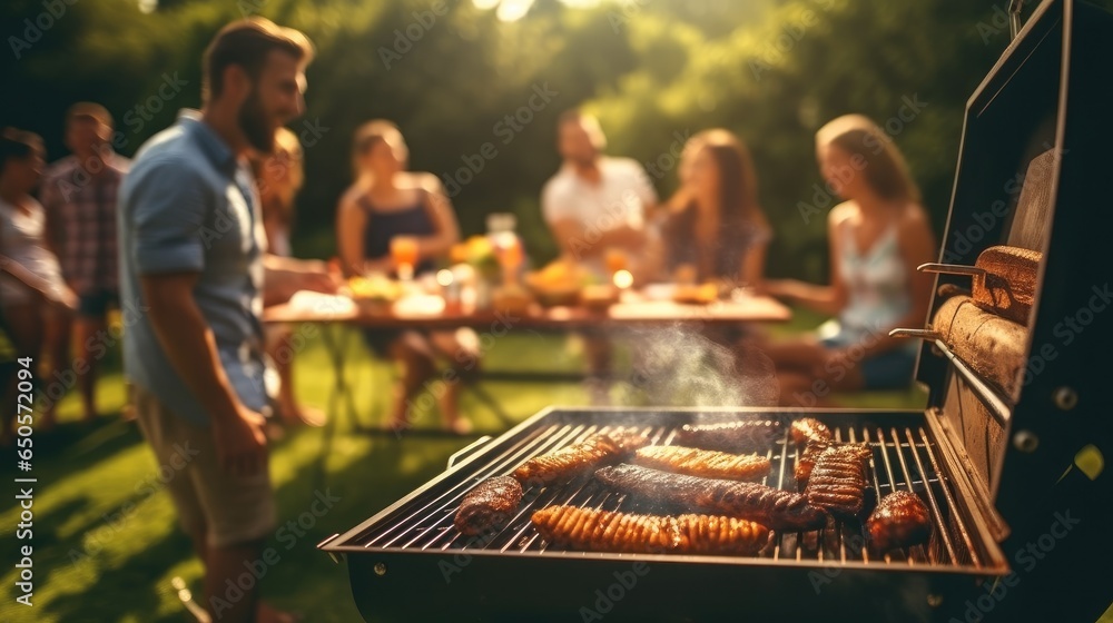 Group of friends having a picnic barbeque grill in the garden.