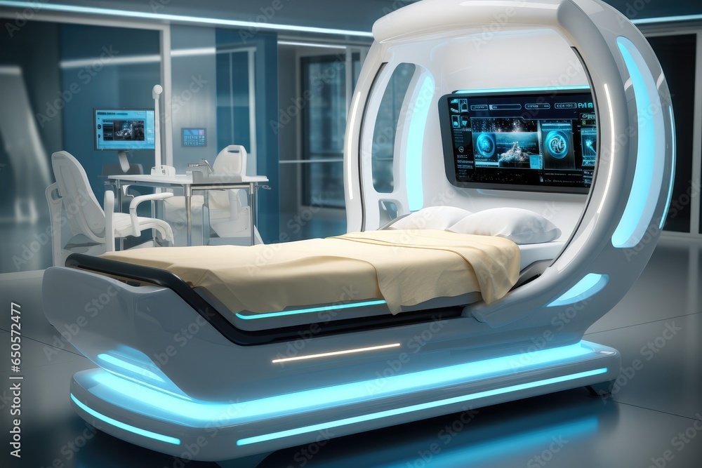 Futuristic medical treatment bed at modern hospital.