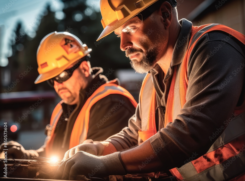 Industrial engineers in hard hat are working at the heavy industry manufacturing factory.