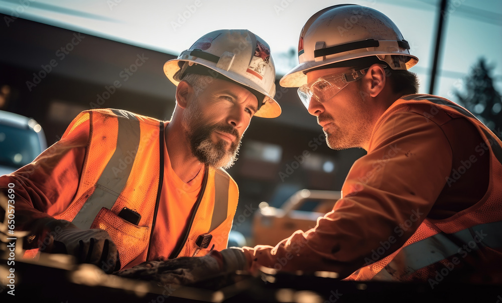 Industrial engineers in hard hat are working at the heavy industry manufacturing factory.