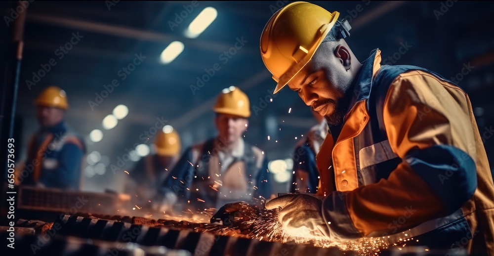 Industrial engineers in hard hat are working at the heavy industry manufacturing factory.