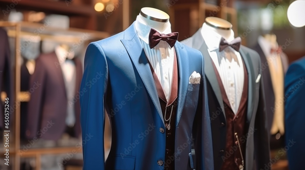 Men suits in mens fashion shop, Fashionable mens clothing store.