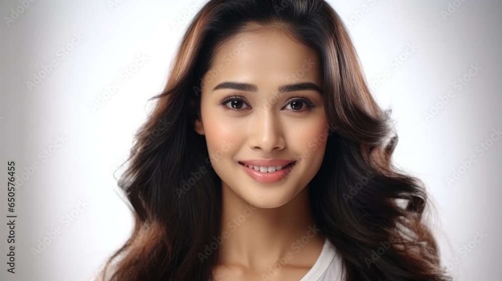 Beautiful young Indian woman smiling with clean teeth.