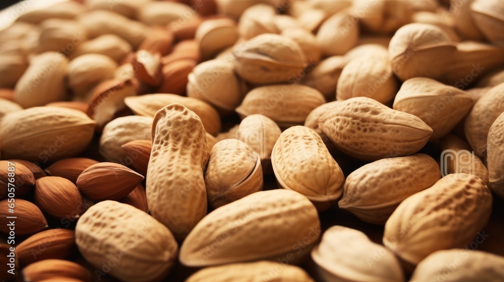 Peanuts on wooden table, Raw nuts and walnuts.