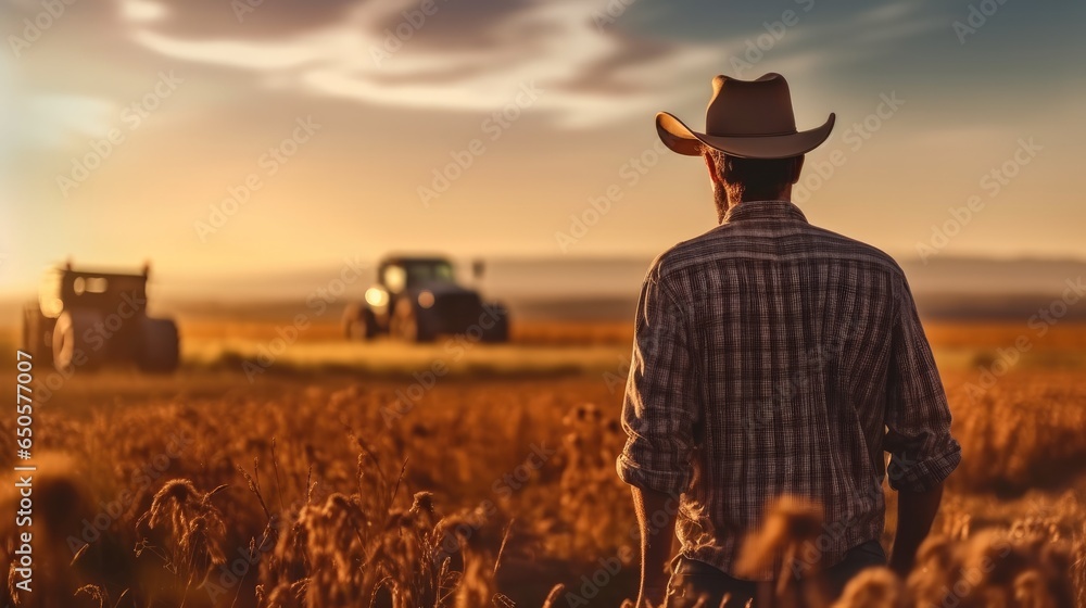 Farmer man standing on a wheat grass field at sunset, Backside view.